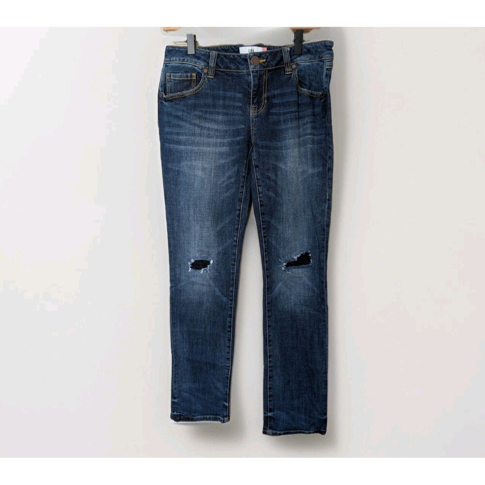CAbi Slim Boyfriend Jeans Womens 4 Distressed Patch Stretch Blue Denim